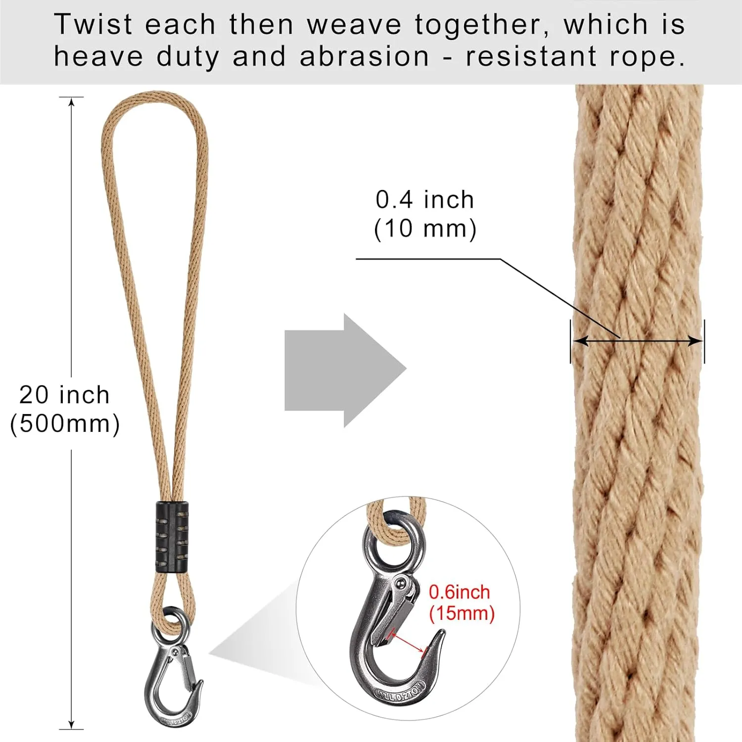 BeneLabel 2 Pcs Tree Swing Rope, 19 inch, Hammock Tree Swing Hanging Strap, Heavy Duty Hook, for Indoor Outdoor Swing Hammock Playground Set Accessories,Raw White