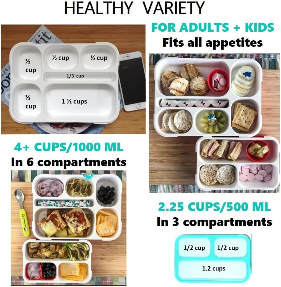 Bento Lunch-Box Set for Kids includes Snack Container | 6 and 3 Compartment Boxes Leakproof School Bentos or Meal Portion Control Containers BPA Free, Boys Girls Adults, Teal Large   MINI 2 pack