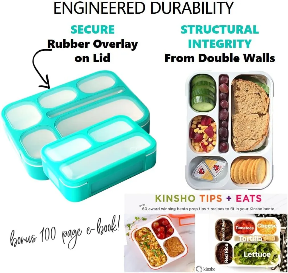 Bento Lunch-Box Set for Kids includes Snack Container | 6 and 3 Compartment Boxes Leakproof School Bentos or Meal Portion Control Containers BPA Free, Boys Girls Adults, Teal Large   MINI 2 pack