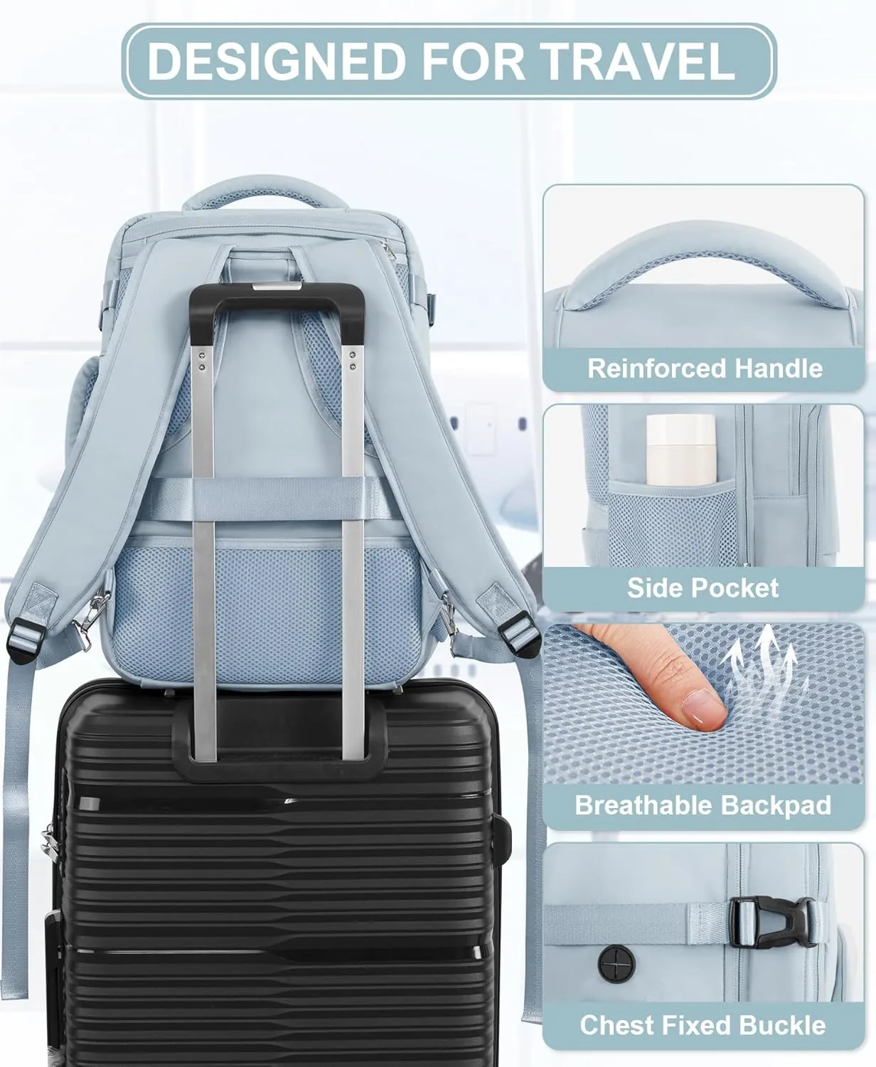 Beraliy Large Travel Backpack, Carry On Bags For Airplanes, Lightweight Personal Item Bag, Laptop Backpack, Casual Work Gym College Weekender Bag, Light blue