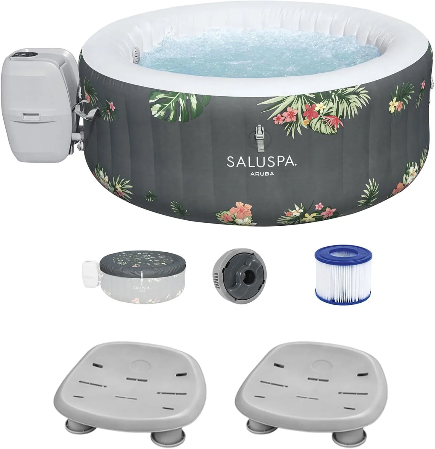 Bestway SaluSpa Aruba AirJet Inflatable Hot Tub with 110 Soothing Jets, Gray   Bestway SaluSpa Underwater Non Slip Pool & Spa Seat (2 Pack)