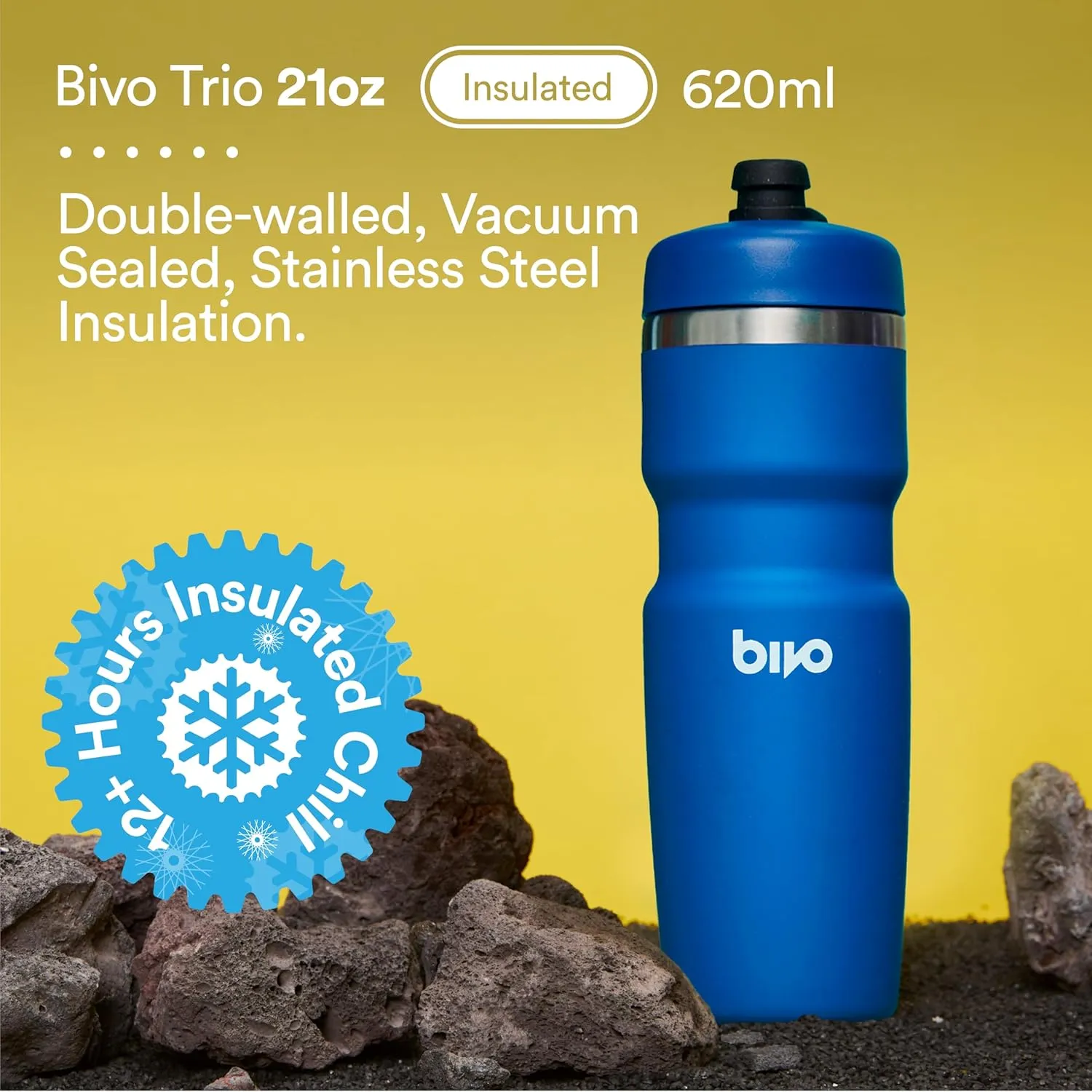 Bivo Trio 21oz Insulated Stainless Steel Bike Water Bottle - for Cycling - Fits Most Cages, Dishwasher Safe - Keeps Drinks Cold 12  Hours - Black