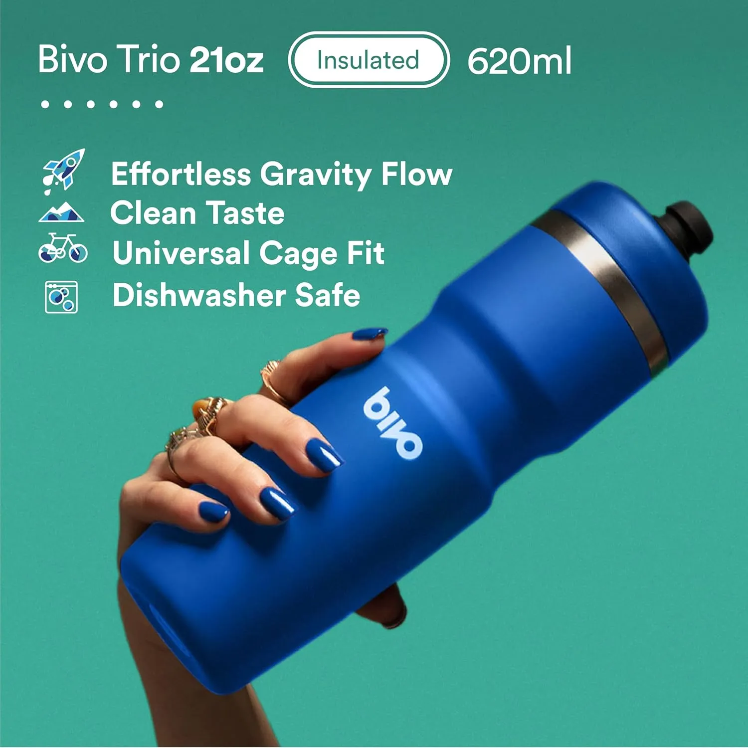 Bivo Trio 21oz Insulated Stainless Steel Bike Water Bottle - for Cycling - Fits Most Cages, Dishwasher Safe - Keeps Drinks Cold 12  Hours - Black