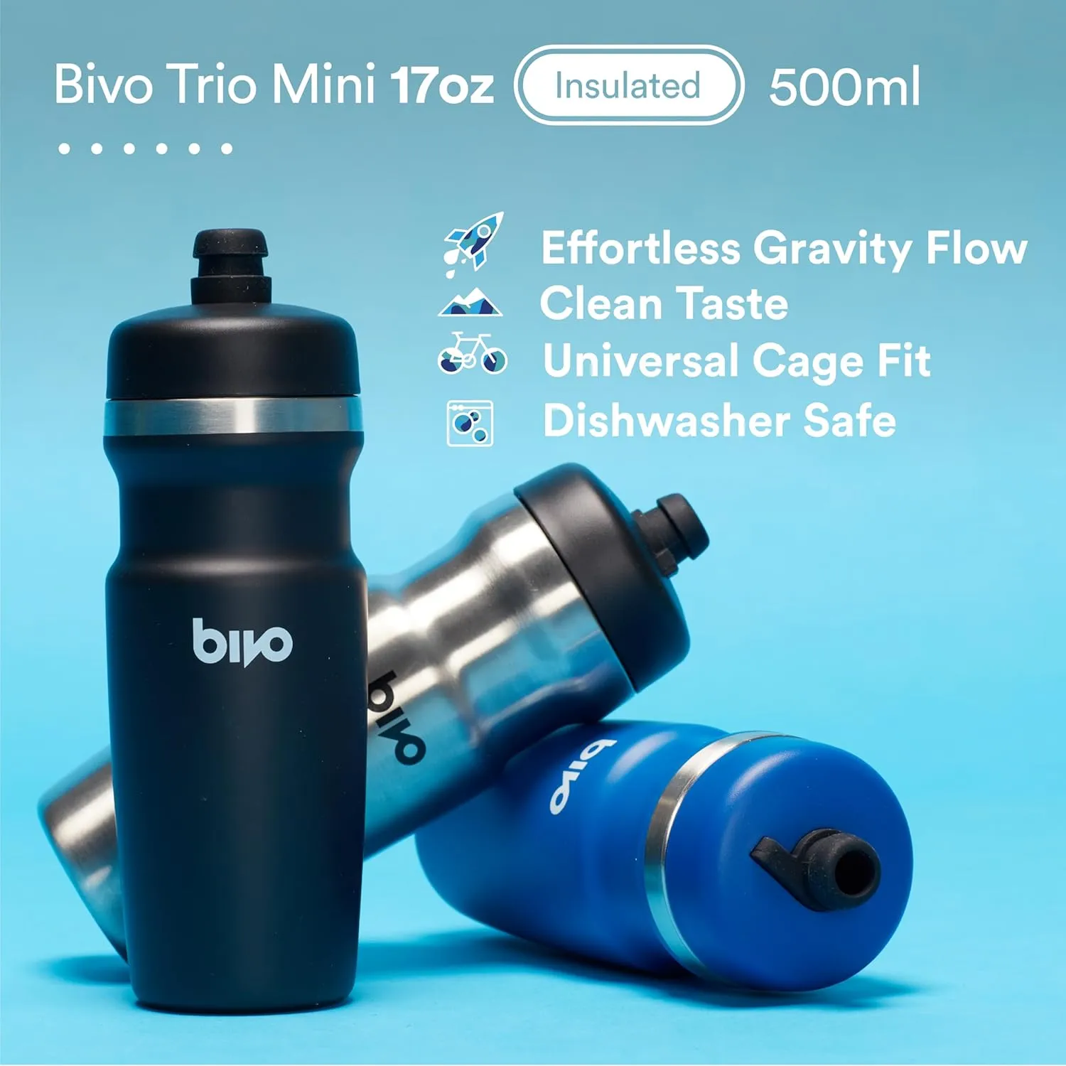 bivo Trio Mini 17oz Insulated Stainless Steel Bike Water Bottle - for Cycling - Compact, Fits Most Cages, Dishwasher Safe, High Flow Sports Nozzle - Keeps Drinks Cold 12  Hours - (Black)