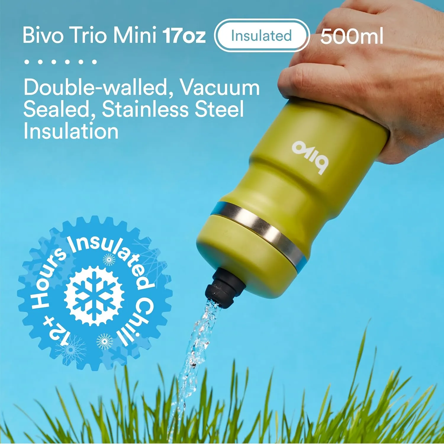 bivo Trio Mini 17oz Insulated Stainless Steel Bike Water Bottle - for Cycling - Compact, Fits Most Cages, Dishwasher Safe, High Flow Sports Nozzle - Keeps Drinks Cold 12  Hours - (Black)