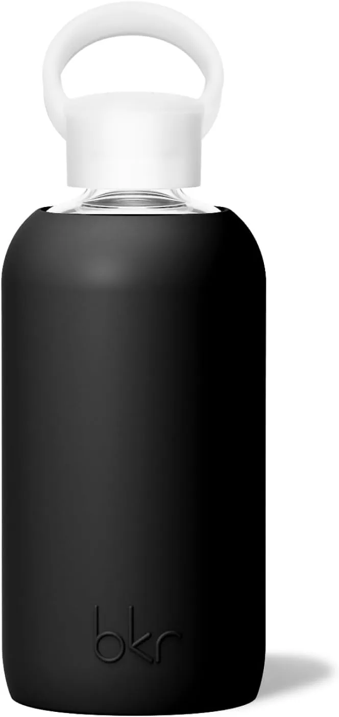 bkr - Little Smooth - Reusable Glass Water Bottle - 16oz - Fits in Cup Holder - Leakproof, Travel Friendly - BPA Free, Dishwasher Safe - Removable Silicone Sleeve & Carrying Loop