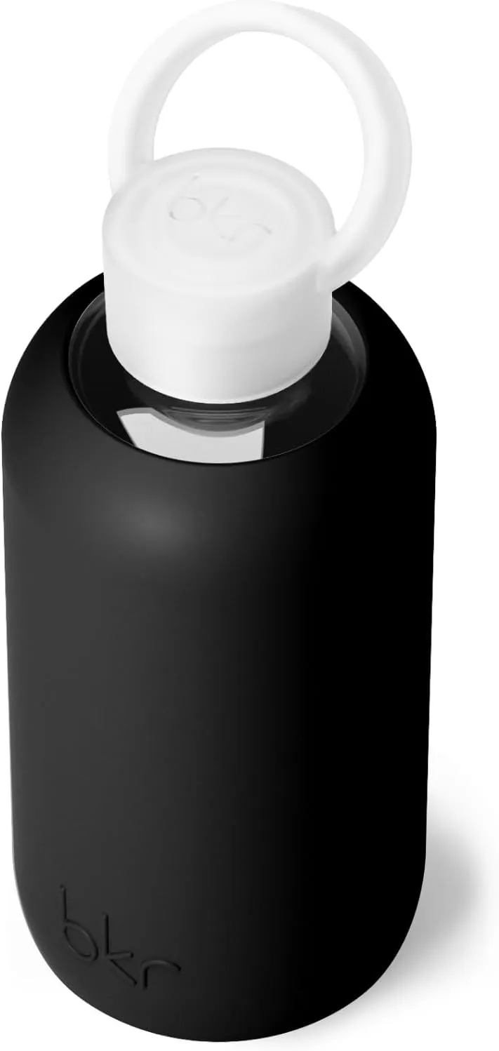bkr - Little Smooth - Reusable Glass Water Bottle - 16oz - Fits in Cup Holder - Leakproof, Travel Friendly - BPA Free, Dishwasher Safe - Removable Silicone Sleeve & Carrying Loop