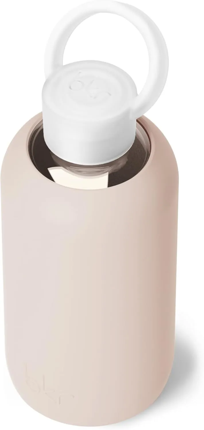 bkr - Little Smooth - Reusable Glass Water Bottle - 16oz - Fits in Cup Holder - Leakproof, Travel Friendly - BPA Free, Dishwasher Safe - Removable Silicone Sleeve & Carrying Loop