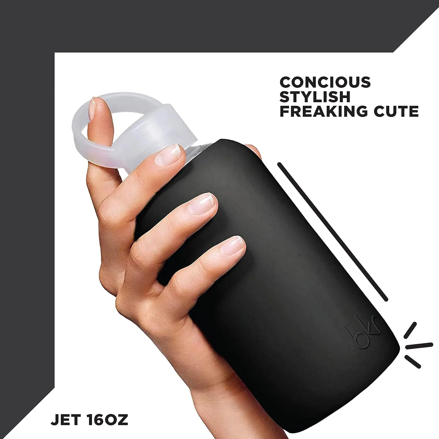 bkr - Little Smooth - Reusable Glass Water Bottle - 16oz - Fits in Cup Holder - Leakproof, Travel Friendly - BPA Free, Dishwasher Safe - Removable Silicone Sleeve & Carrying Loop
