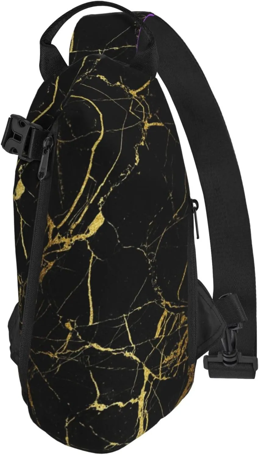 Black Gold Marble Print Crossbody Backpack Unisex Chest Bag, Lightweight And Sling Bag For Travel