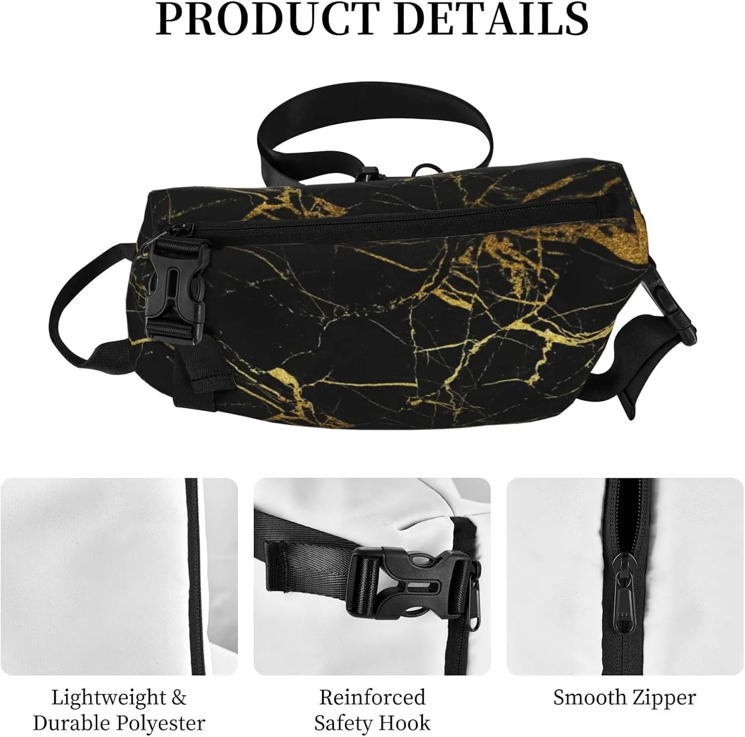 Black Gold Marble Print Crossbody Backpack Unisex Chest Bag, Lightweight And Sling Bag For Travel