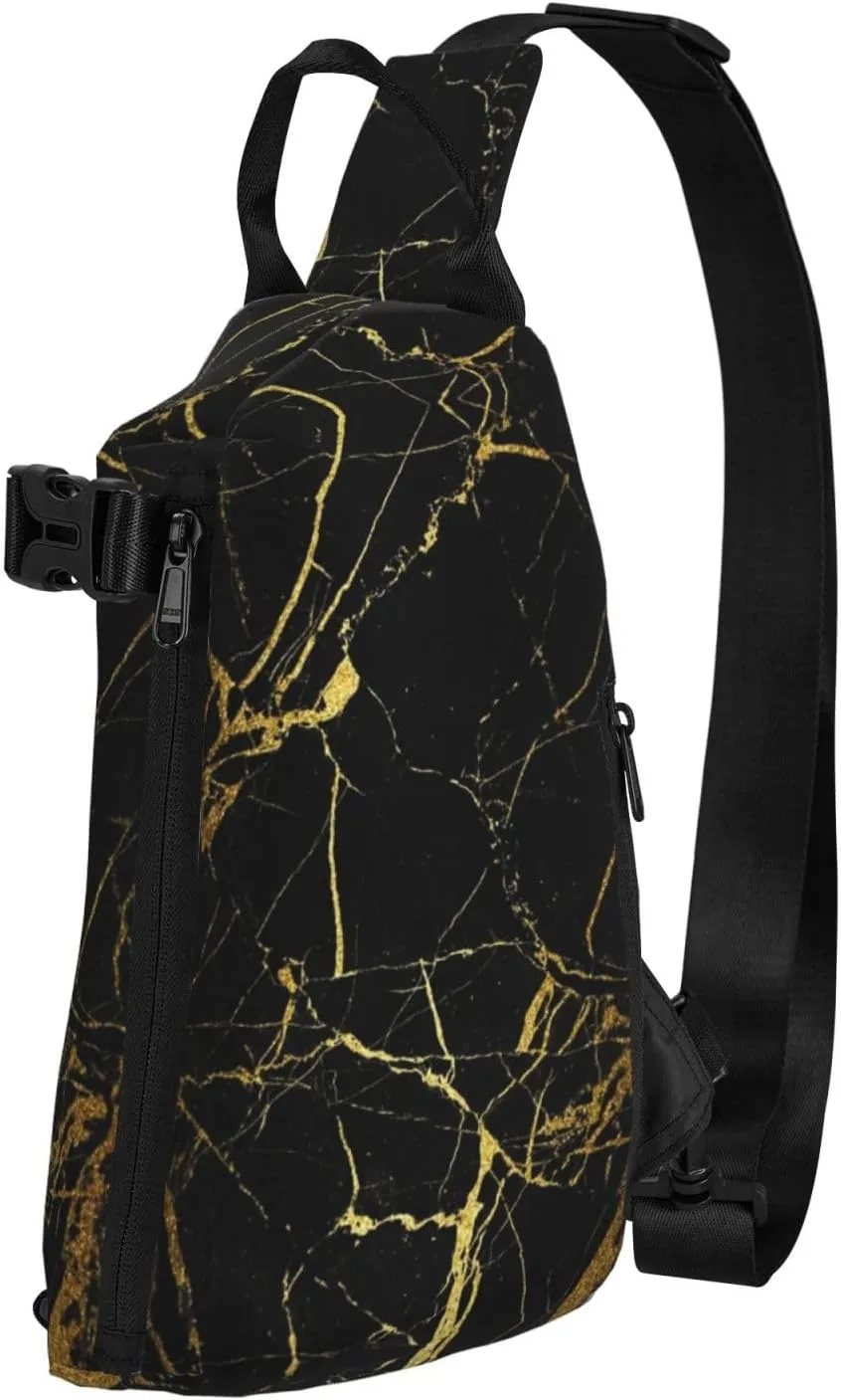 Black Gold Marble Print Crossbody Backpack Unisex Chest Bag, Lightweight And Sling Bag For Travel