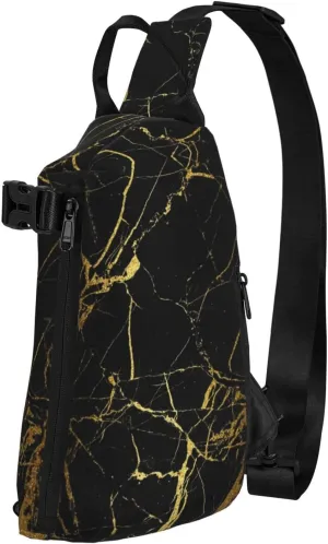 Black Gold Marble Print Crossbody Backpack Unisex Chest Bag, Lightweight And Sling Bag For Travel