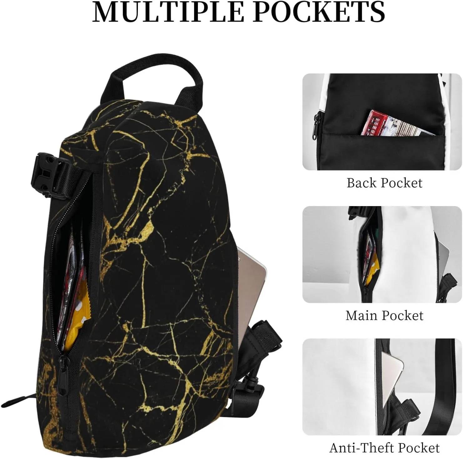 Black Gold Marble Print Crossbody Backpack Unisex Chest Bag, Lightweight And Sling Bag For Travel