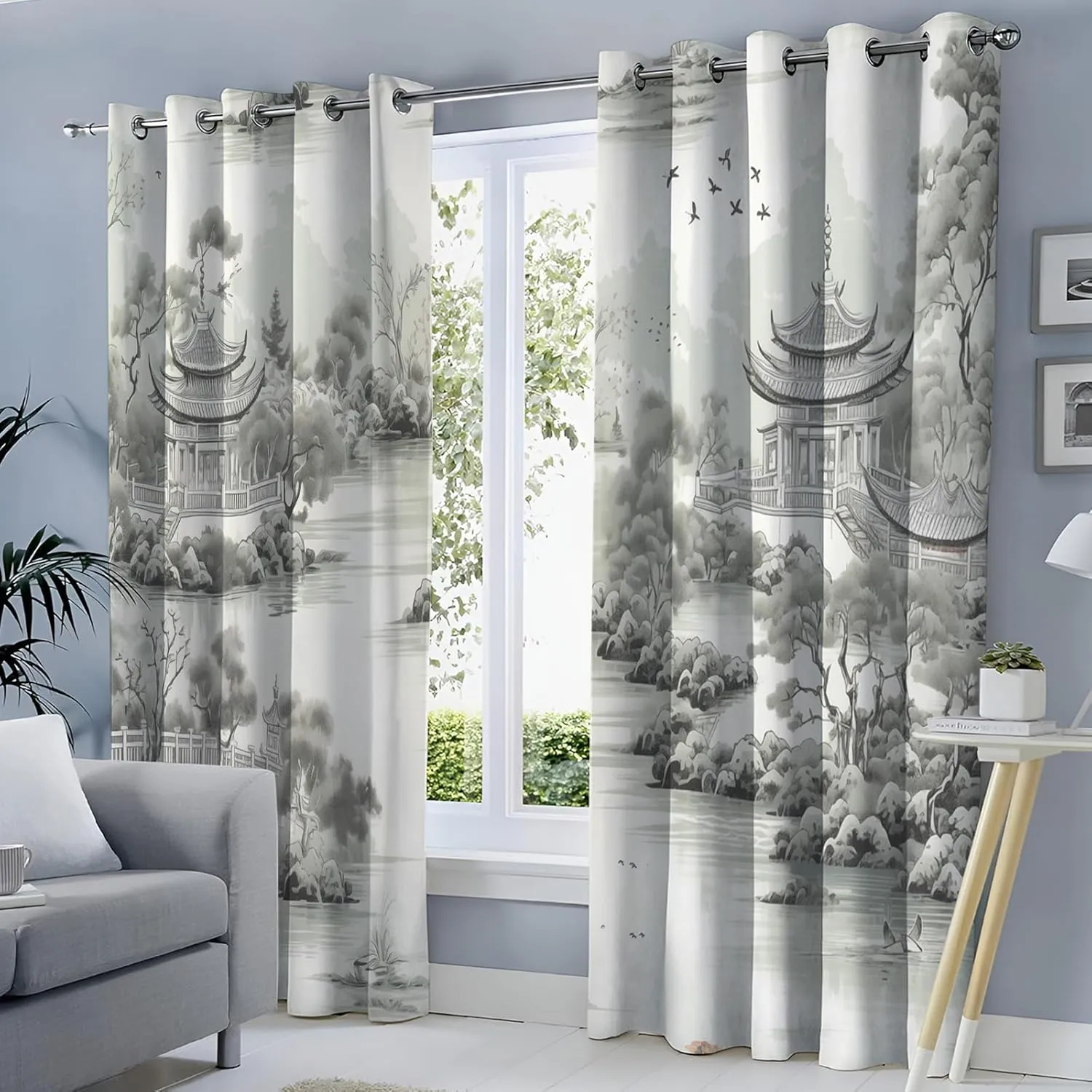 Blackout Curtains 42"W × 54"L (Pack of 2),3D Chinese garden architecture Soft Thermal Insulated Drapes willow trees flowers Eyelet Thermal Noise Reducing Window Curtains for Bedroom Living Room Decor