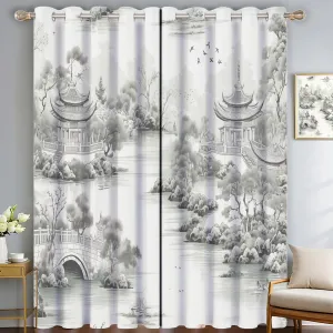 Blackout Curtains 42"W × 54"L (Pack of 2),3D Chinese garden architecture Soft Thermal Insulated Drapes willow trees flowers Eyelet Thermal Noise Reducing Window Curtains for Bedroom Living Room Decor