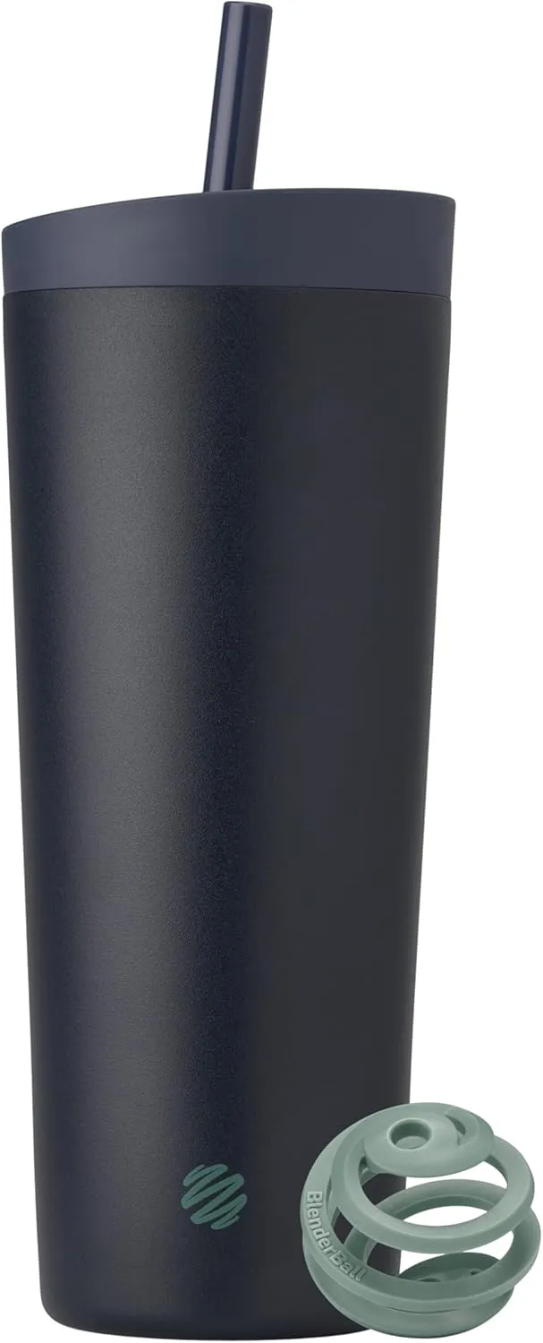 BlenderBottle 2-in-1 Insulated Stainless Steel Shaker Tumbler, Swig Leakproof Lid, Straw, BlenderBall, BPA Free, For Protein Shakes, Smoothies, And Pre Workout, 24 oz, Blue (Midnight)