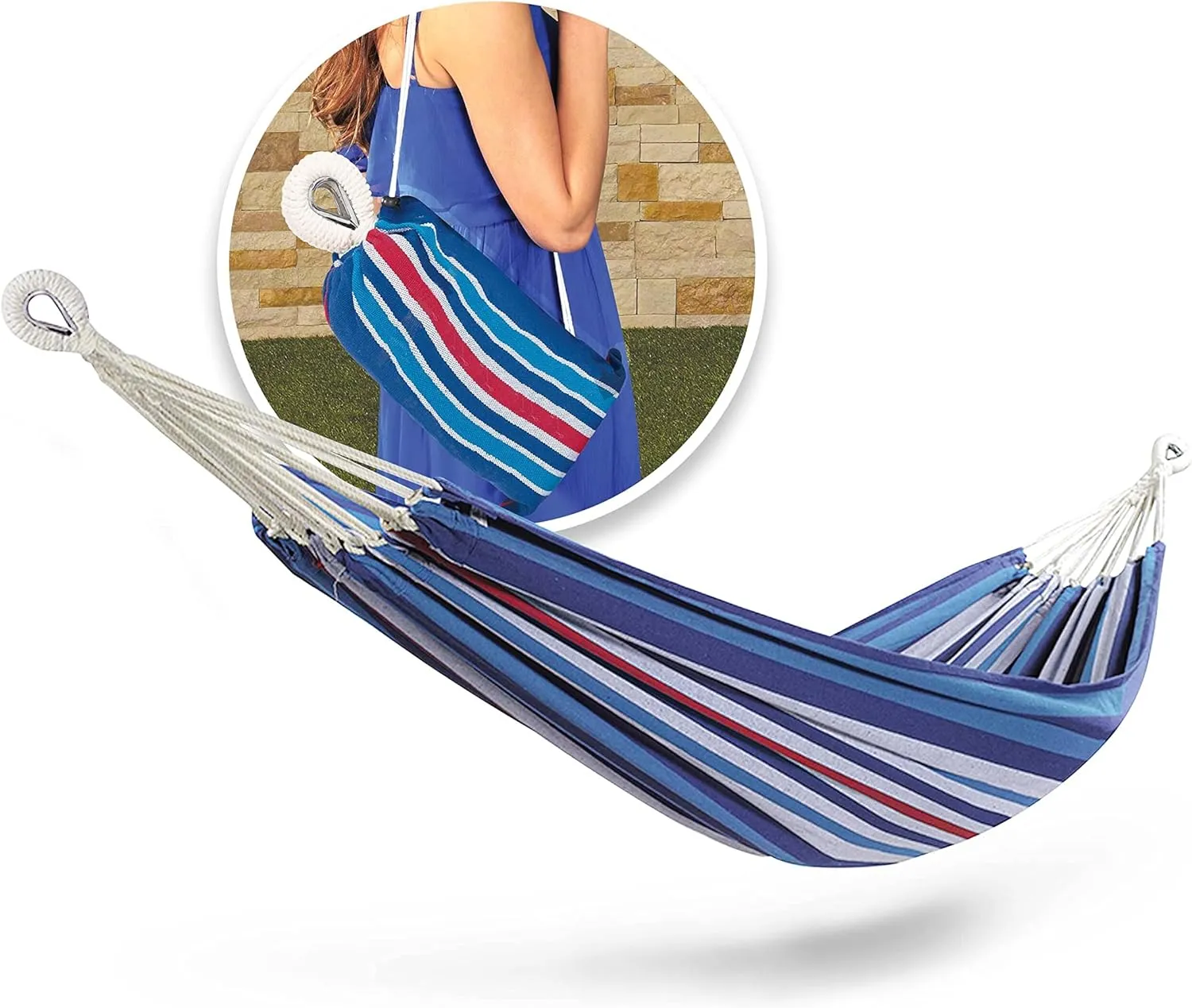 Bliss Hammocks BH-400W5CA 40" Wide Hammock w/Hand-Woven Rope Loops & Hanging Ropes, Outdoor, Patio, Backyard Durable, Cotton and Polyester Blend, 220 Lbs Capacity, Patriotic Stripe