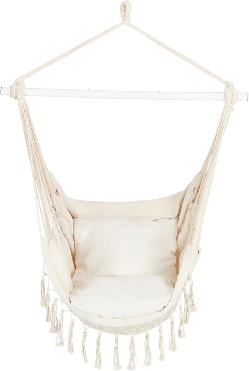 Bliss Hammocks BHC-103-NT Fringed Hammock Chair w/ Pillows, Side Pocket, Spreader Bar, & Hanging Hardware, 40-in. Wide, 250 Lb. Capacity, Natural