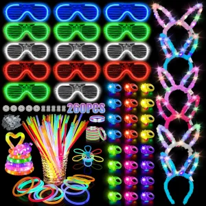 Blu7ive260PCS Upgraded Neon Party Favors,Brighter and Longer Lasting,14pcs Glow Glasses,6pcs Glow Pop Tubes,24pcs Glow Ring,6pcs Glow Headband,100pcs Glow Sticks with Connectors,Dance Floor Props