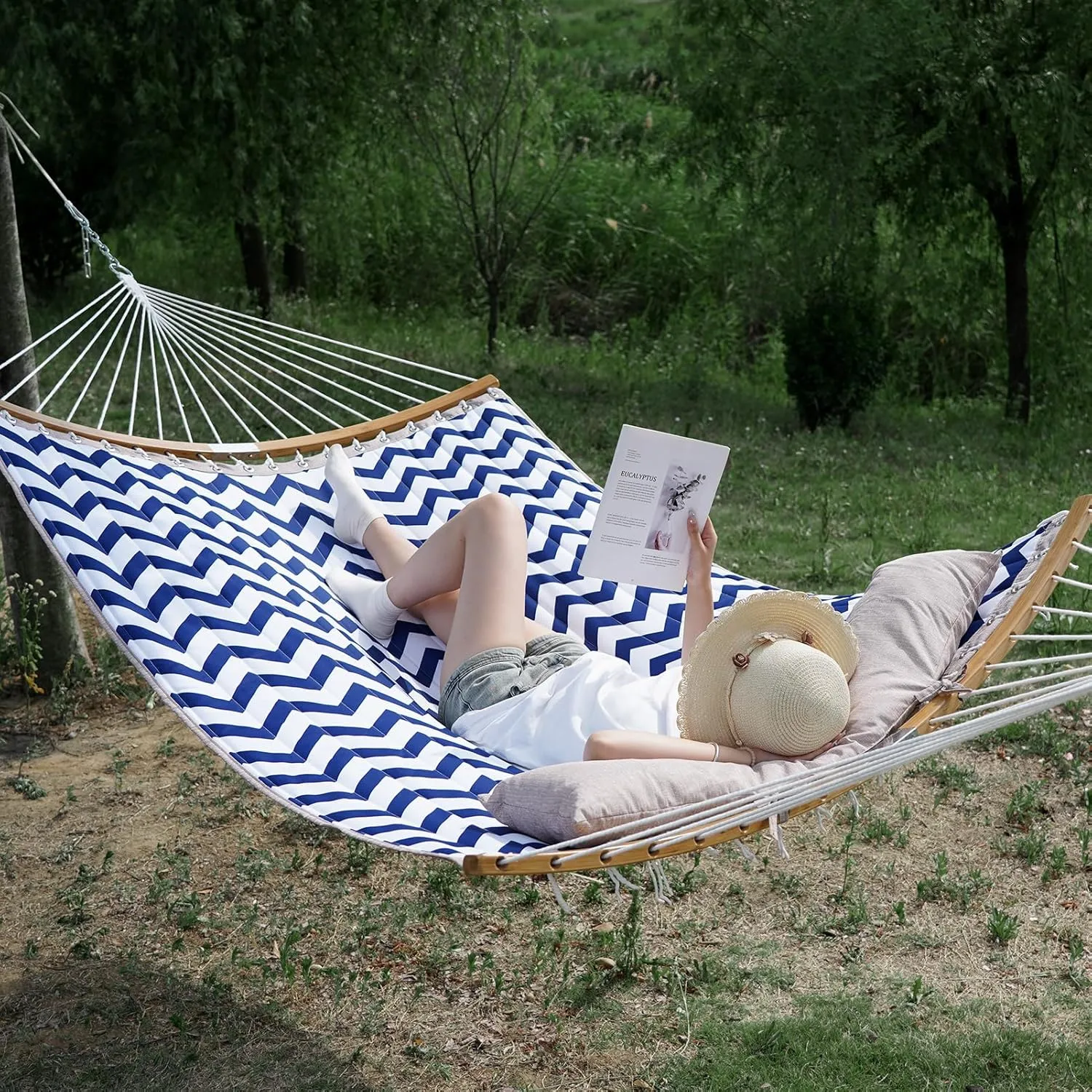 Blue Double Hammock with Spreader Bar for Two, Polyester Fabric, Adjustable Chain - 77" L x 55" W, 450 lbs Capacity, Ideal for Hammock Stand or Trees - Blue with Stripe