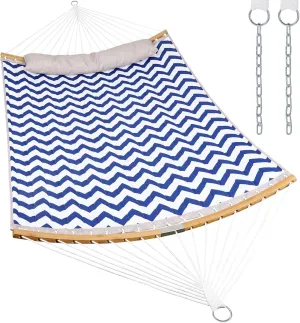 Blue Double Hammock with Spreader Bar for Two, Polyester Fabric, Adjustable Chain - 77" L x 55" W, 450 lbs Capacity, Ideal for Hammock Stand or Trees - Blue with Stripe