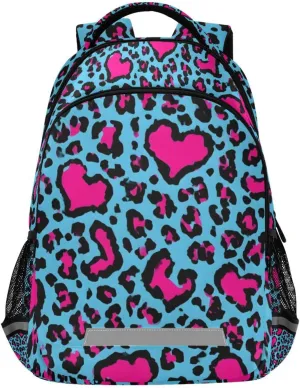 Blue Leopard Love Heart Print Backpack for Girls Boys School Bookbag Kids Daypack Lightweight Laptop Backpack Back to School Supplies