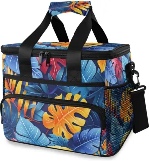 Blue Palm Leave Goleden Cooler Bag Insulated Cooler Soft Sided Cooler 24 Can Portable Picnic Bag Large Leakproof Lunch Bag Box for Beach Grocery Camping Travel Car Men Women