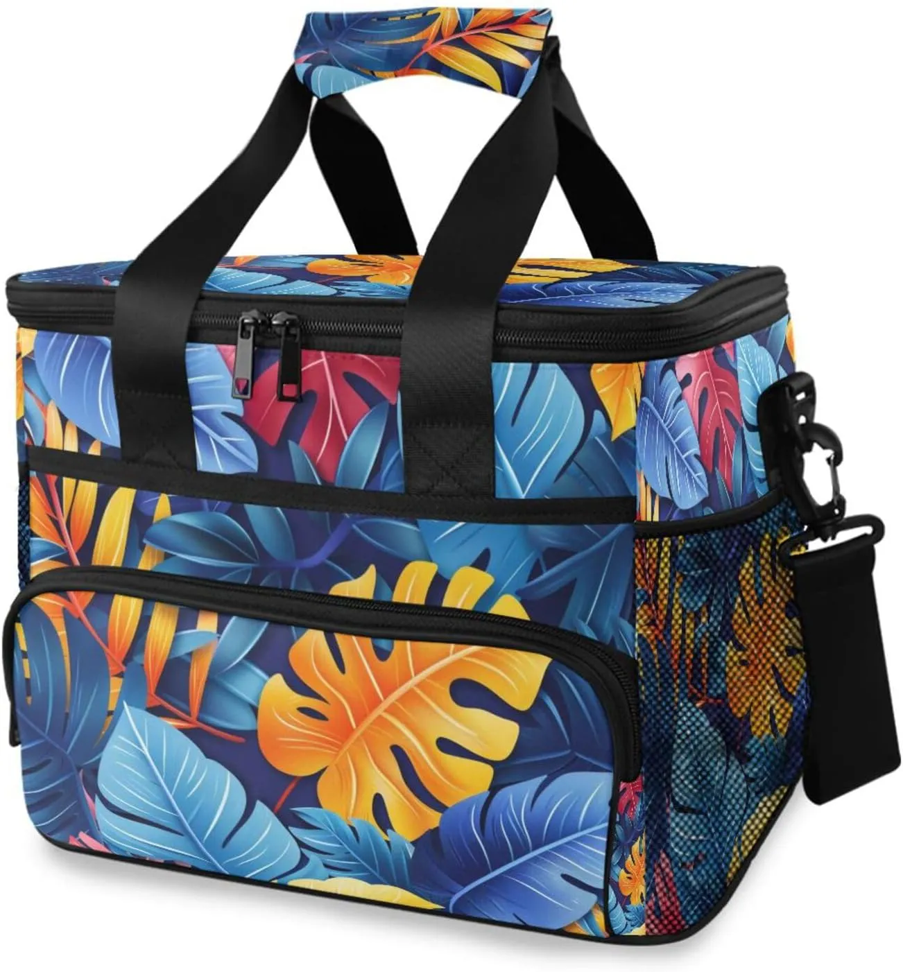 Blue Palm Leave Goleden Cooler Bag Insulated Cooler Soft Sided Cooler 24 Can Portable Picnic Bag Large Leakproof Lunch Bag Box for Beach Grocery Camping Travel Car Men Women