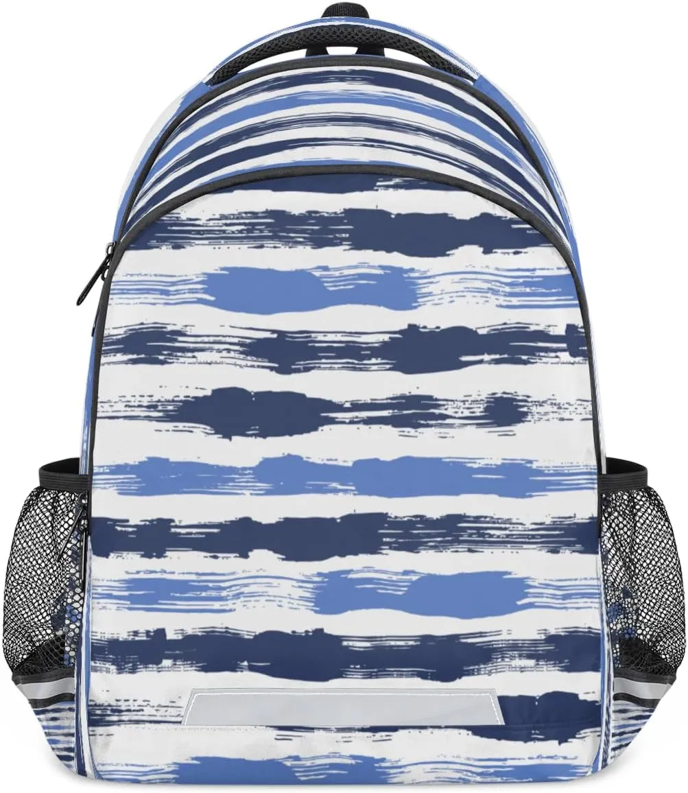 Blue White Stripes Backpack, Lightweight Backpack with Reflective Strip Travel Bag Casual Daypack Laptop Bag(Modern Style)