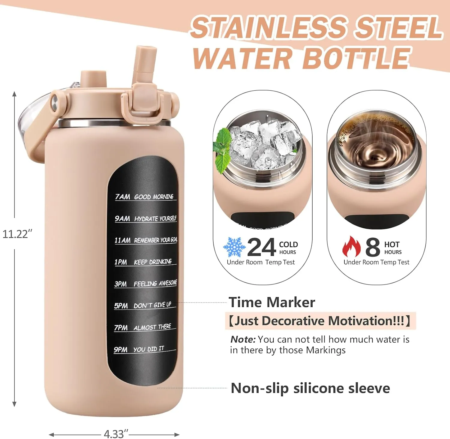 BLUEGO 64oz Insulated Water Bottle with Straw and Handle Leakproof Half Gallon Wide Mouth Motivational Water Bottle, 2-IN-1 Straw Spout Lid Stainless Steel Water Jug for Sport Travel Gym-Amber