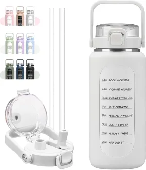 BLUEGO 64oz Insulated Water Bottle with Straw and Handle Leakproof Half Gallon Wide Mouth Motivational Water Bottle, 2-IN-1 Straw Spout Lid Stainless Steel Water Jug for Sport Travel Gym-White