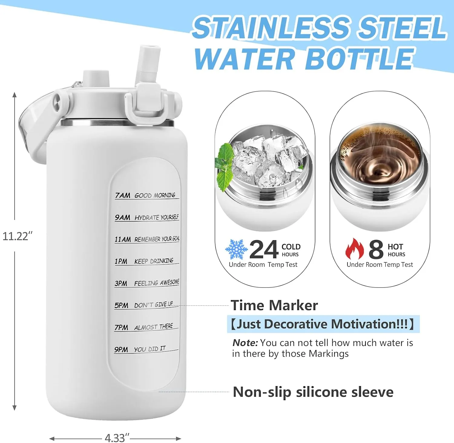 BLUEGO 64oz Insulated Water Bottle with Straw and Handle Leakproof Half Gallon Wide Mouth Motivational Water Bottle, 2-IN-1 Straw Spout Lid Stainless Steel Water Jug for Sport Travel Gym-White