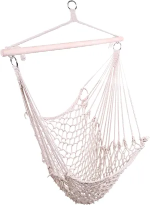 Bohemian Cotton Rope Hammock Chair - 250lb Capacity Indoor/Outdoor Hanging Swing Seat with Hardwood Spreader Bar for Patio, Garden, Bedroom & Camping (Beige)