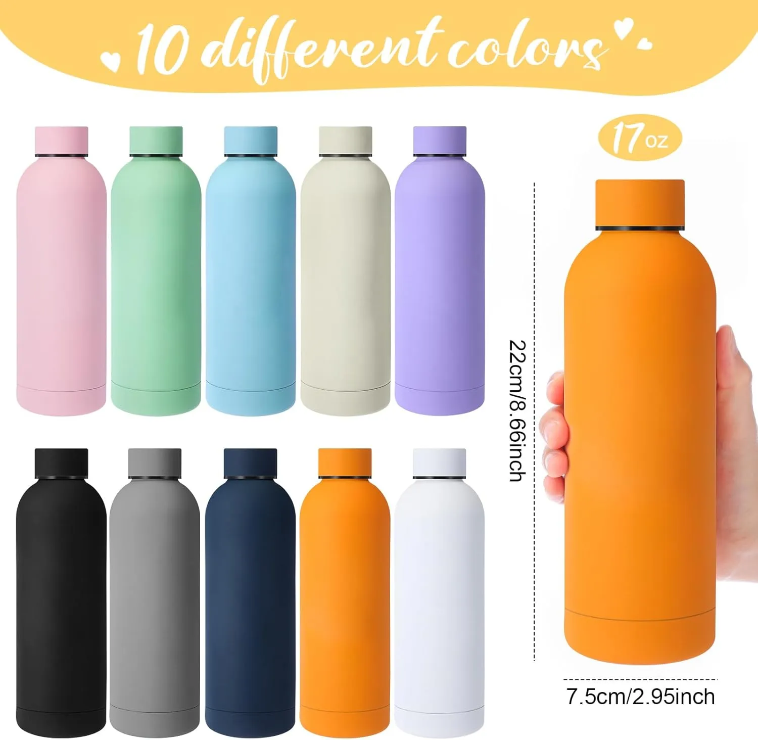 Bokon 10 Pcs Stainless Steel Water Bottle Bulk Double Layer Vacuum 17 oz Small Mouth Sport Insulated Metal Graduation Teacher CNA Gift Reusable Flask Leakproof Lid for Cyclist Runner