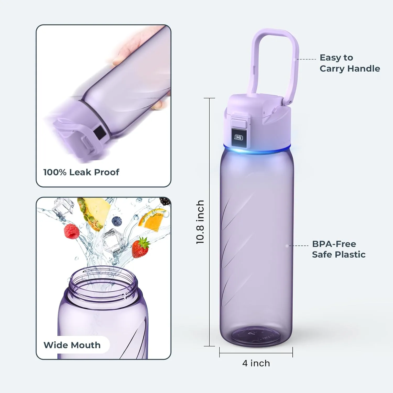 BOOST LITE Smart Water Bottle with Reminder to Drink Water, Motivate & Tracking Hydration Water Bottle with App, 32 oz Tritan BPA-Free Plastic Water Bottles for Gym, School, Office - Purple