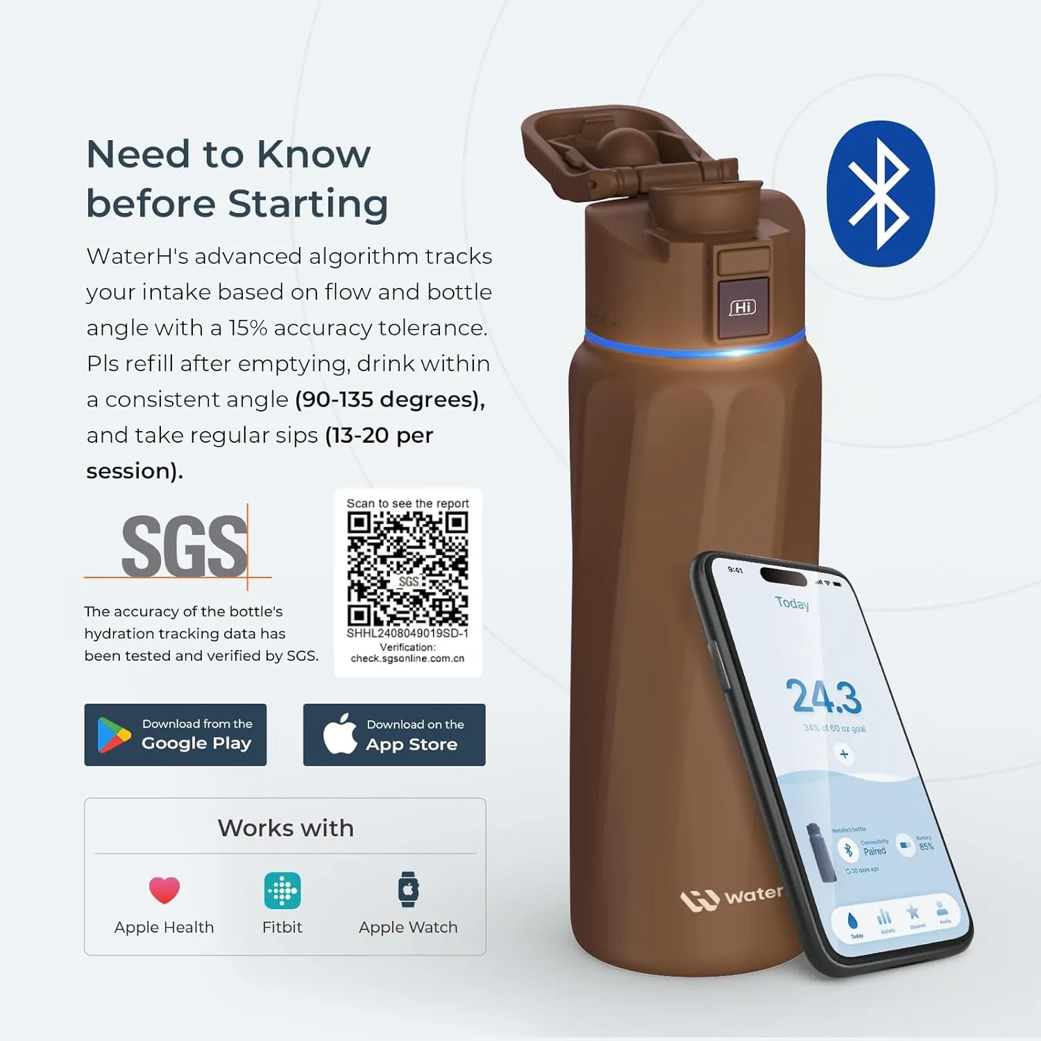 BOOST Smart Water Bottle with Reminder & Tracker - Double Wall Vacuum Insulated Stainless Steel, Wide Mouth 32 oz, Ideal Gift - Mocha
