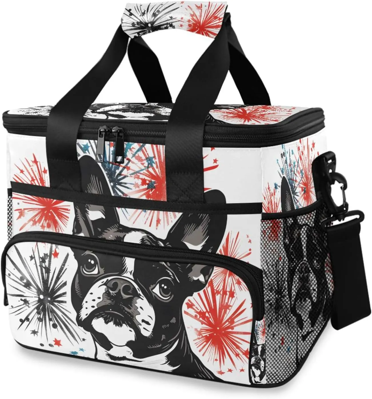 Boston Terrier Fireworks Cooler Bag Insulated Cooler Soft Sided Cooler 24 Can Portable Picnic Bag Large Leakproof Lunch Bag Box for Beach Grocery Camping Travel Car Men Women