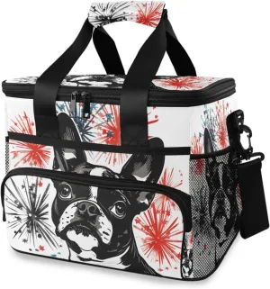 Boston Terrier Fireworks Cooler Bag Insulated Cooler Soft Sided Cooler 24 Can Portable Picnic Bag Large Leakproof Lunch Bag Box for Beach Grocery Camping Travel Car Men Women