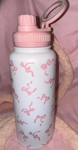 Bow Design, Insulated Water Bottle, 32 oz, White with Pink Bow Pattern, Stainless Steel, with two lids, magnetic lid for phone tripod
