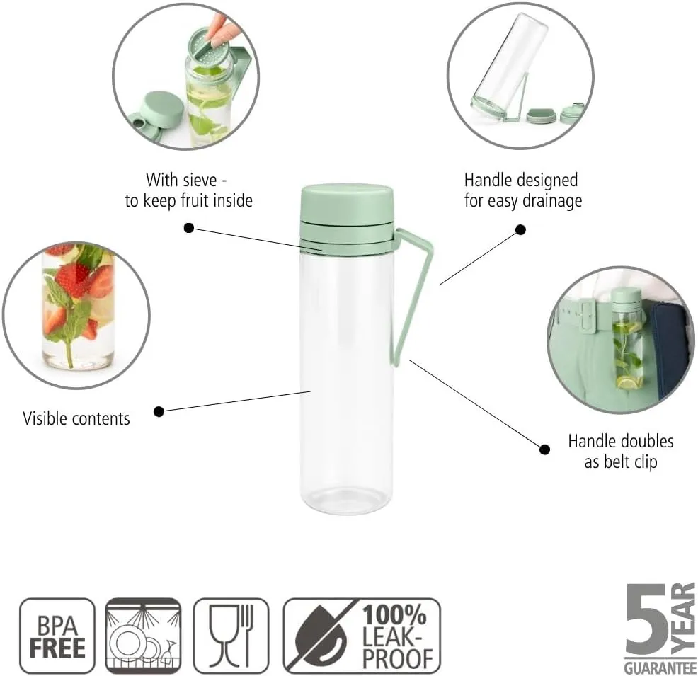 Brabantia Make & Take Water Bottle with Fruit Sieve (Jade Green) 17 fl oz Travel Drinking Bottle with Handle/Belt Clip & Infuser, BPA-Free, Leakproof, Dishwasher Safe