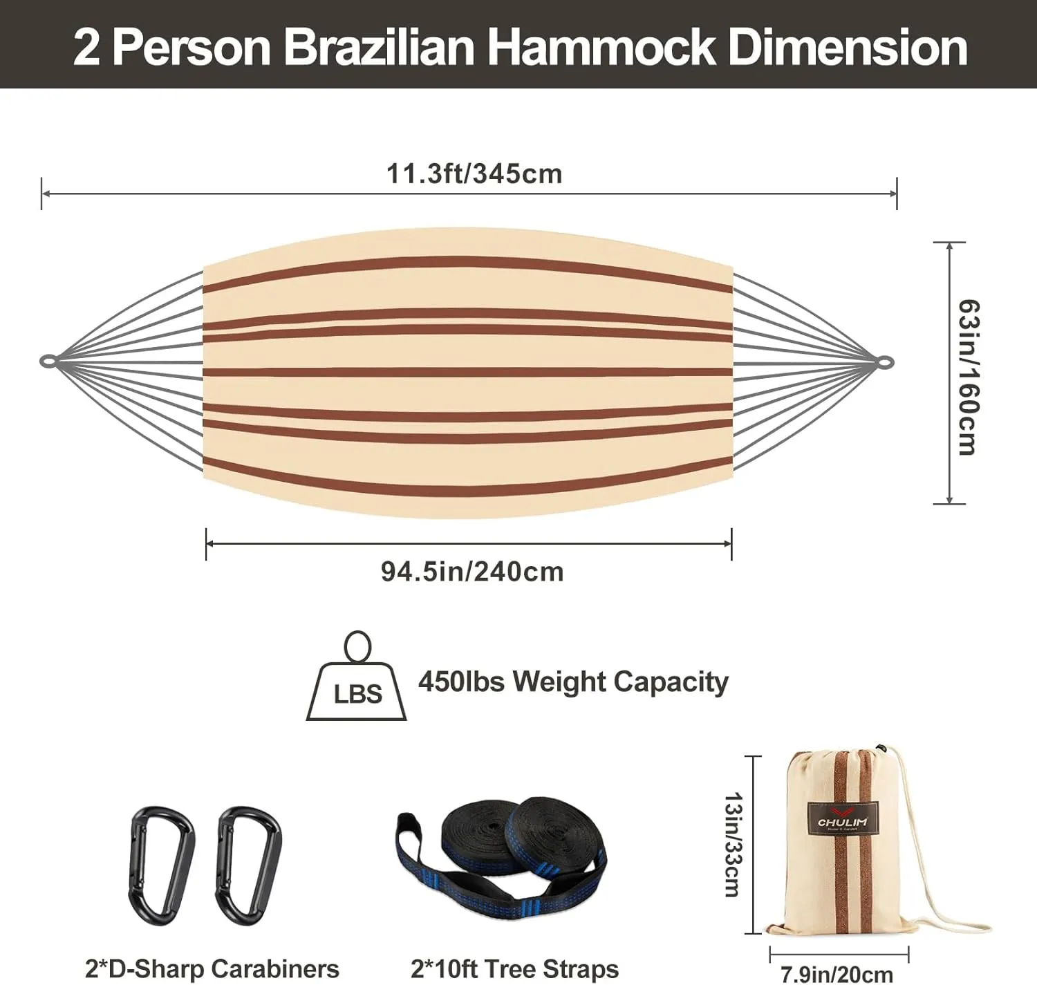 Brazilian Double Hammock with Tree Straps,Extra Large 94x63IN,2 Persons Hammock for Backyard Patio Outdoor and Indoor,450lbs Weight Capacity,Soft Woven Cotton Fabric - Beige Brown Stripe