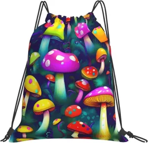 Bright Mushrooms Art Print Sports Drawstring Backpack,Water Resistant Bag, Gym Backpack for Women Men