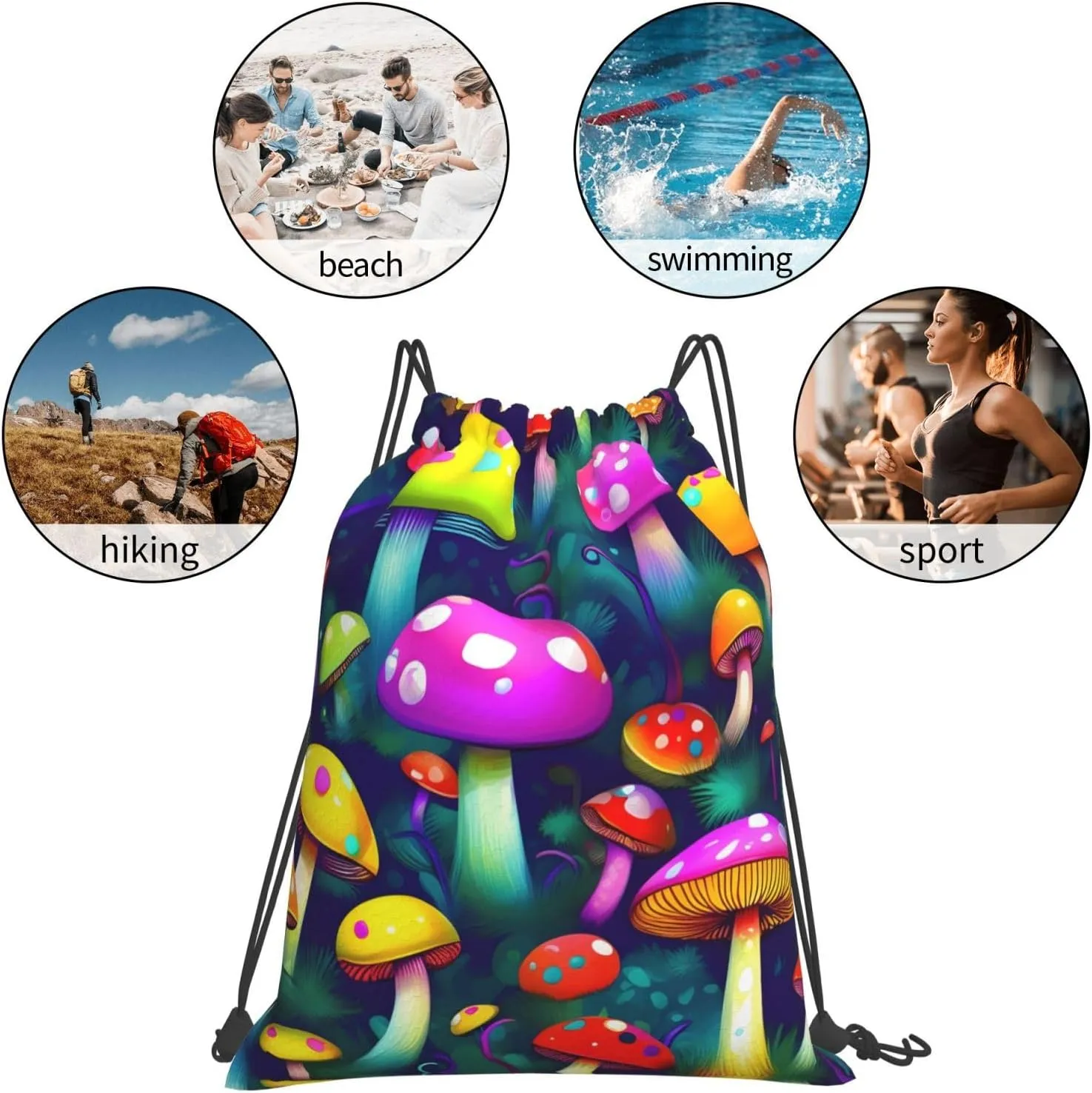 Bright Mushrooms Art Print Sports Drawstring Backpack,Water Resistant Bag, Gym Backpack for Women Men