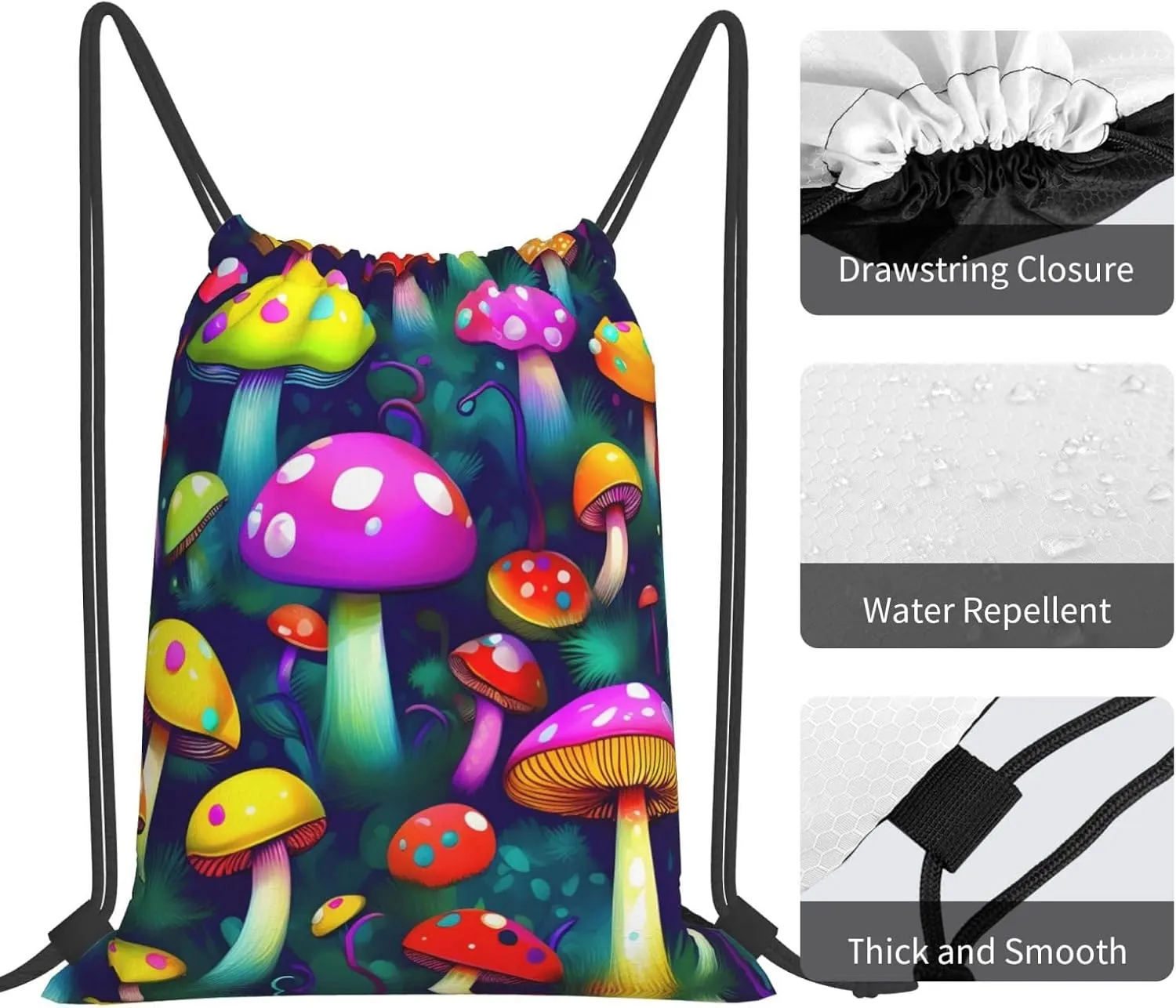 Bright Mushrooms Art Print Sports Drawstring Backpack,Water Resistant Bag, Gym Backpack for Women Men