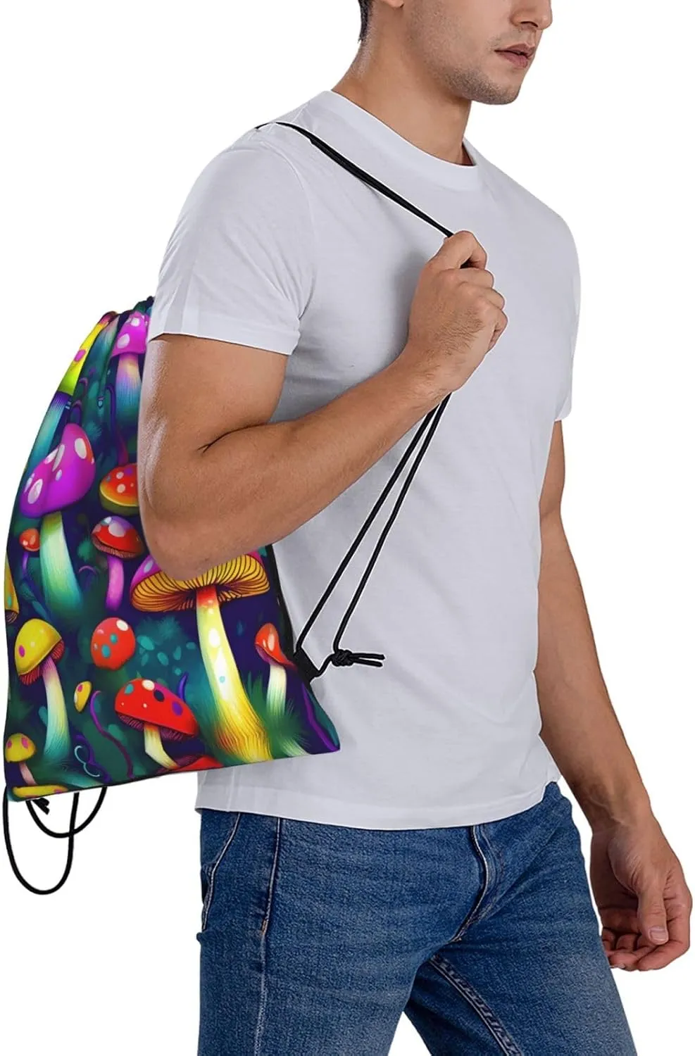 Bright Mushrooms Art Print Sports Drawstring Backpack,Water Resistant Bag, Gym Backpack for Women Men