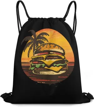Burger Cheeseburger Vintage Art Food Hamburger Sports Gym Bag Lightweight Drawstring Backpack String Bag for Travel Hiking