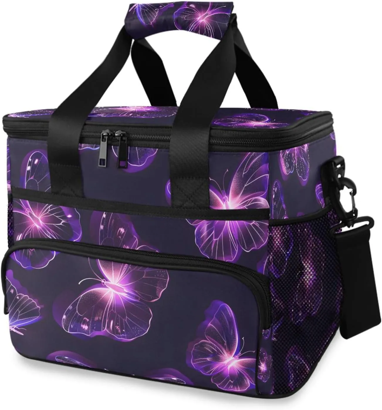 Butterfly Purple Butterflies Black Cooler Bag Insulated Cooler Soft Sided Cooler 24 Can Portable Picnic Bag Large Leakproof Lunch Bag Box for Beach Grocery Camping Travel Car Men Women