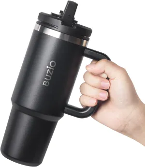 BUZIO 30 oz Tumbler with Handle, Stainless Steel Vacuum Insulated Tumbler with 2-in-1 Lid and Straw, Leak-proof Double Walled Travel Coffee Mug for Water, Tea or Coffee, Black