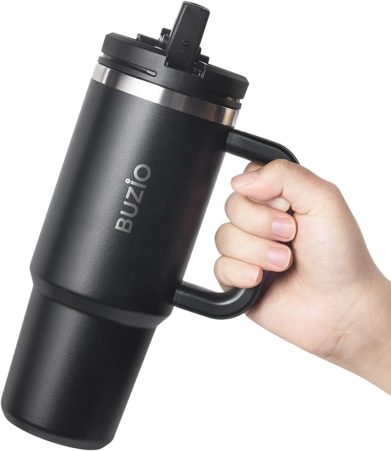 BUZIO 30 oz Tumbler with Handle, Stainless Steel Vacuum Insulated Tumbler with 2-in-1 Lid and Straw, Leak-proof Double Walled Travel Coffee Mug for Water, Tea or Coffee, Black